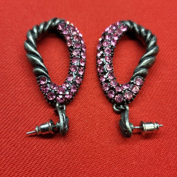Drop Dangle Earring Pewter Silver with Pink Rhinestones - Picture 12 of 12